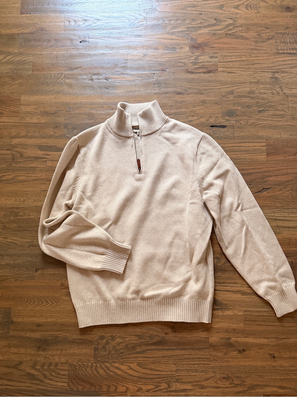 J. Crew Men's Beige Half-Zip Sweater with Leather Trim